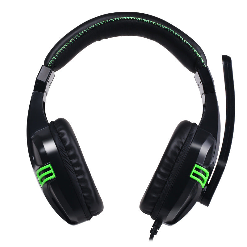 Black wired gaming headset top view with green accents and extended microphone