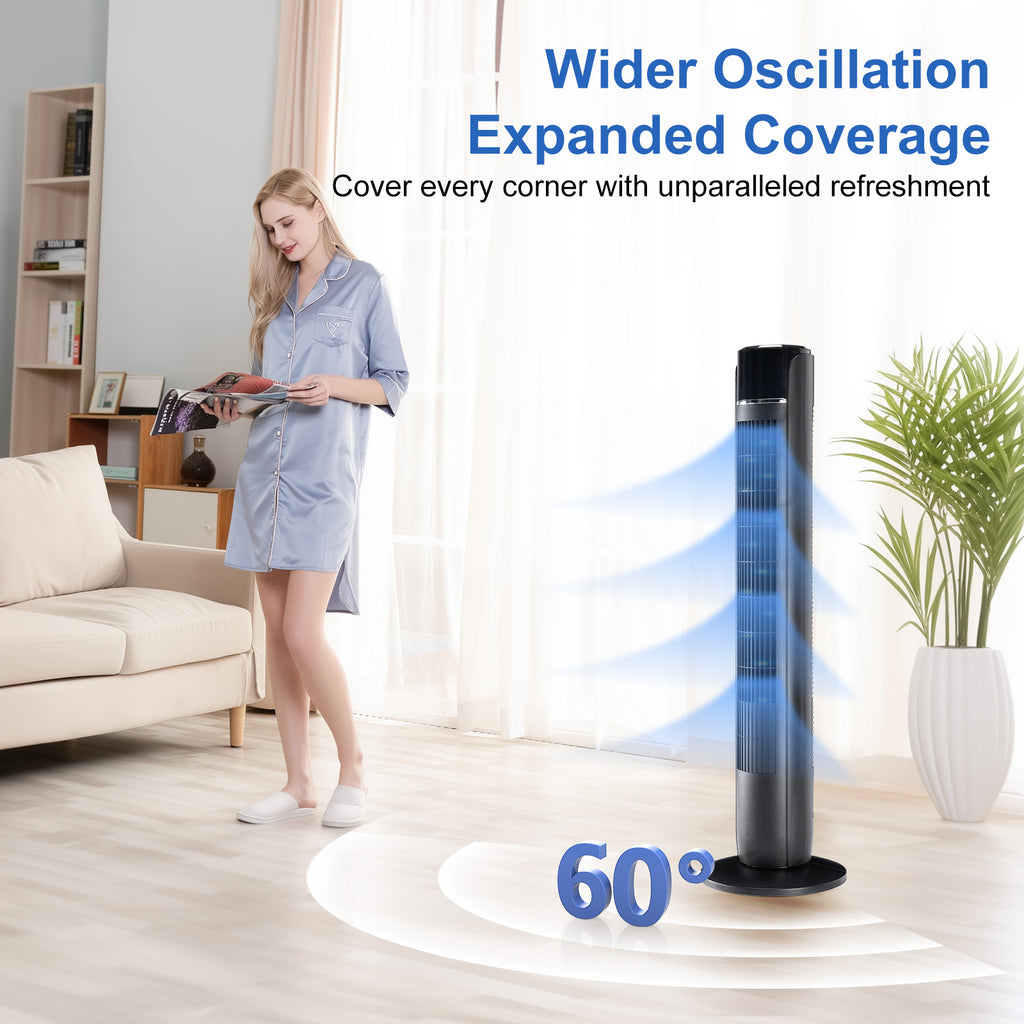 Standing cooling tower fan with black top and blue-lit grille, on round base