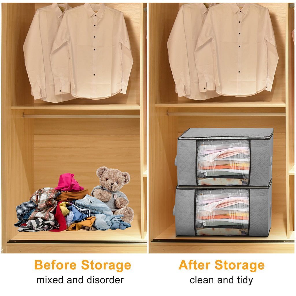 Set of 2 grey fabric clothes storage bags with clear windows and double zipper closures