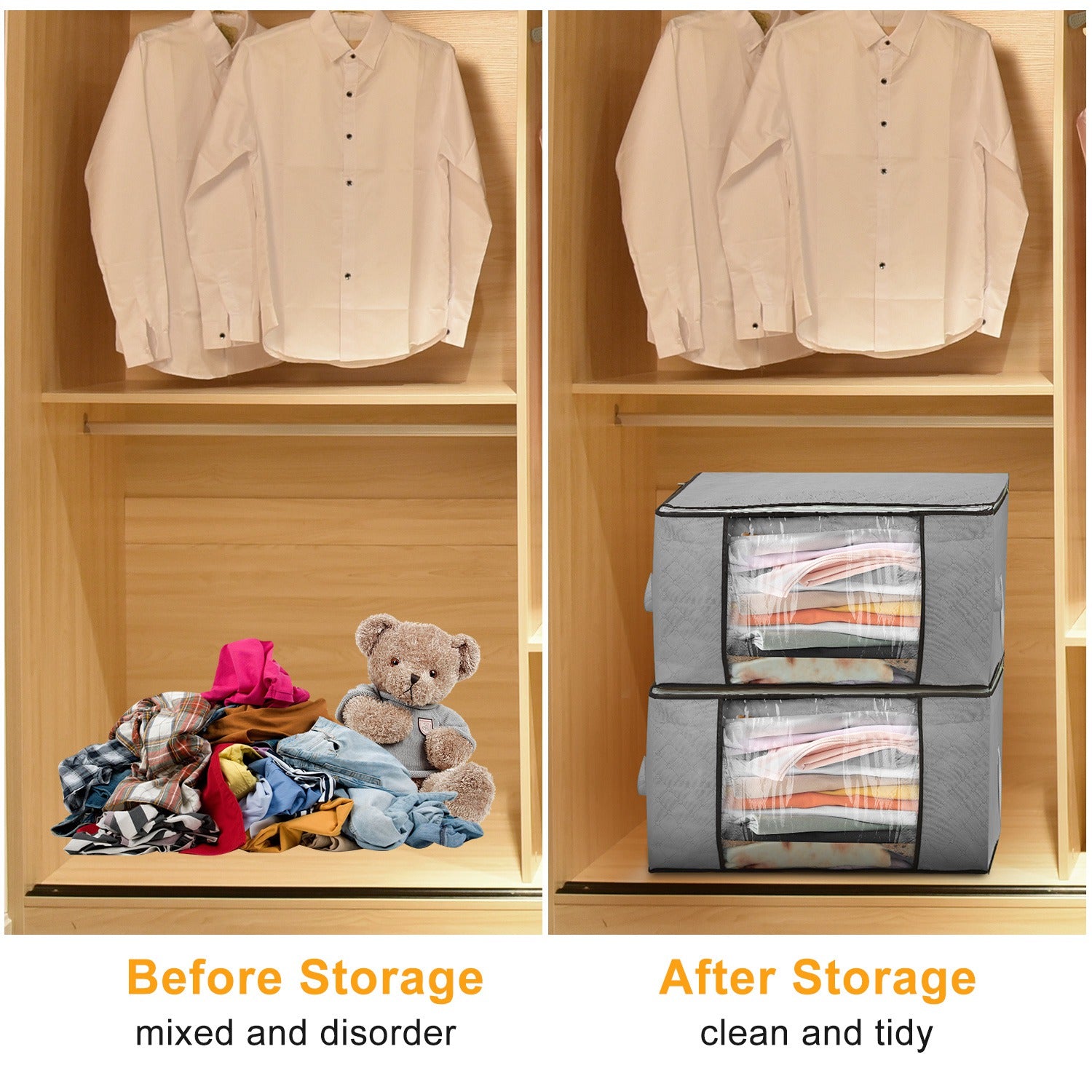Set of 2 grey fabric clothes storage bags with clear windows and double zipper closures