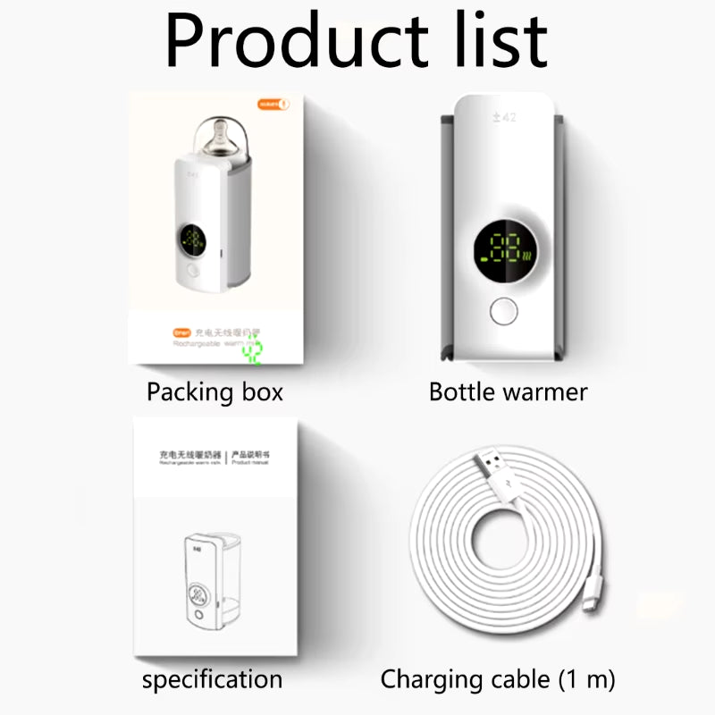 White cordless baby bottle warmer with included charging cable shown with accessories