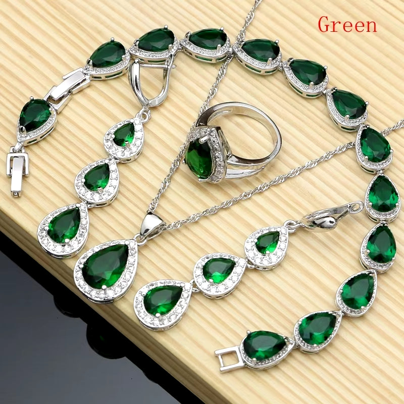 Water Drop Silver 925 Jewelry Red Ruby White Topaz Jewelry Sets Women Long Earrings/Pendant/Necklace/Rings/Bracelet Dropshipping