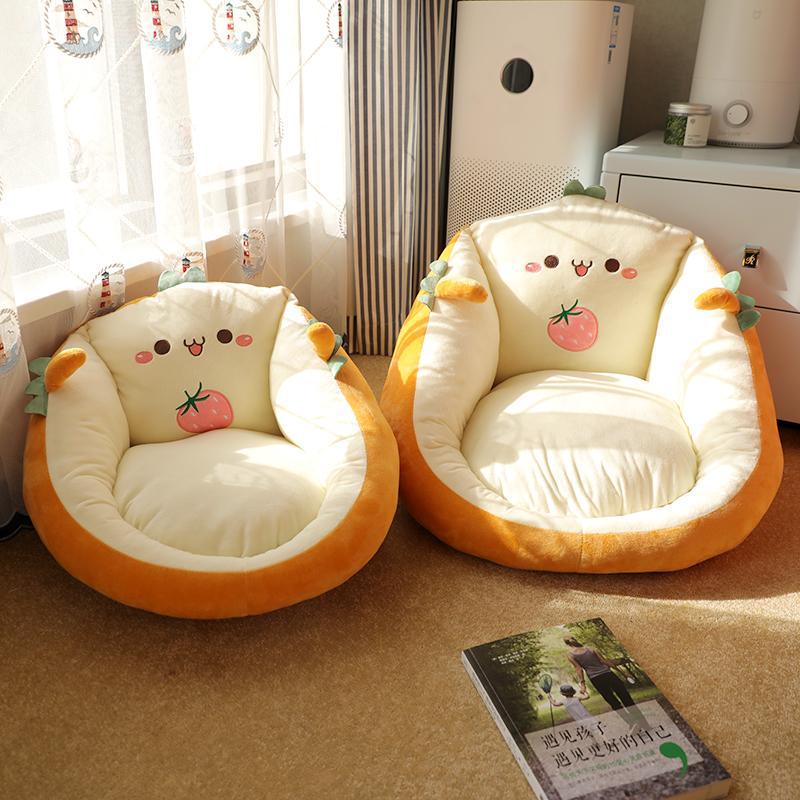 Round character floor cushion seat pad set: cream cushions with orange edge and strawberry graphics.