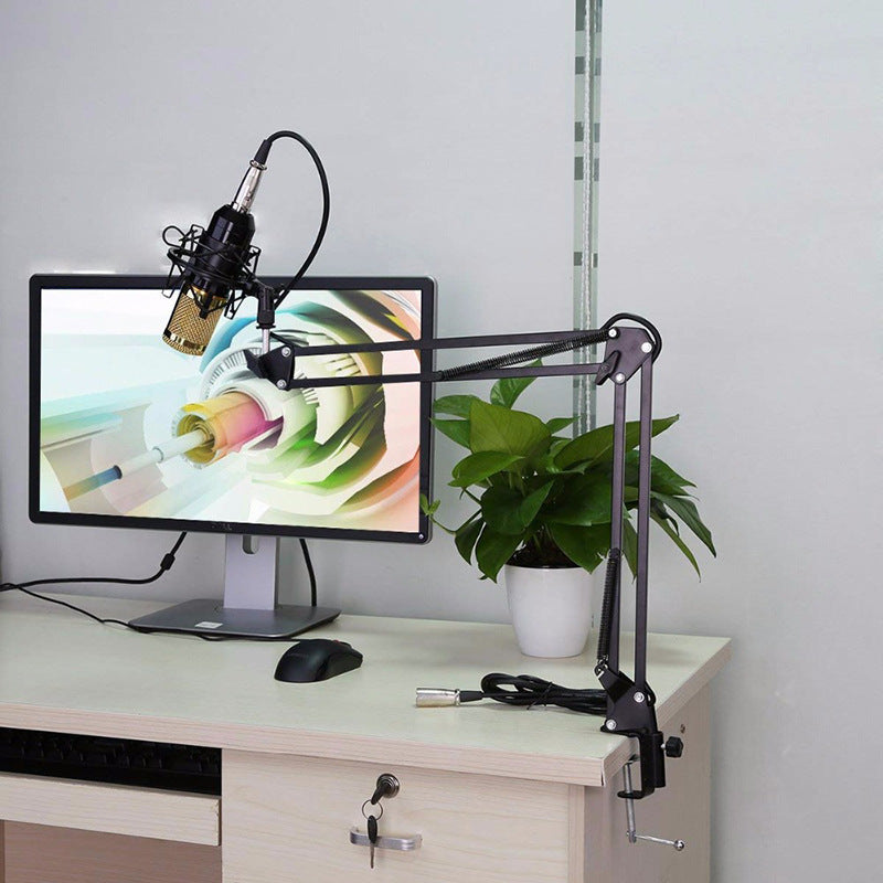 Condenser microphone set with black microphone and pop filter on adjustable desk stand