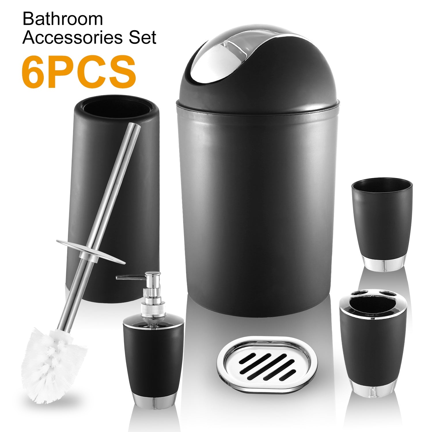 6-Piece Bathroom Accessories Set — Classic Black with Silver Accents