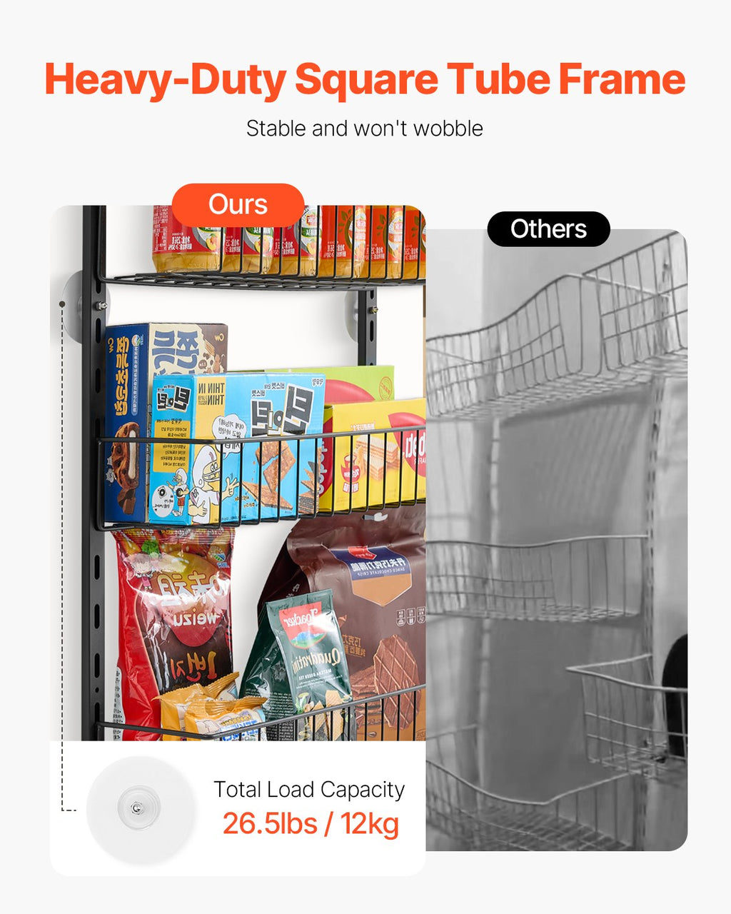 Black metal over-door storage rack with square-tube frame and wire shelves, stocked