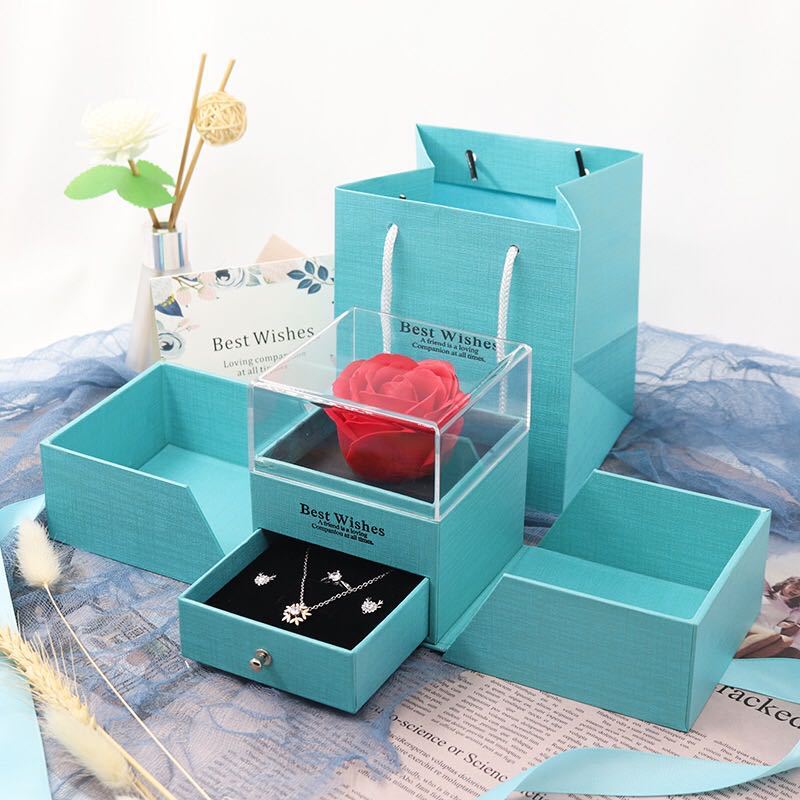 Teal jewelry gift box set with red preserved rose and clear display window, plus ring tray