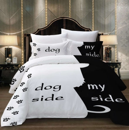 3-piece bedding set with dog-side split design: white paw prints on duvet and black pillows