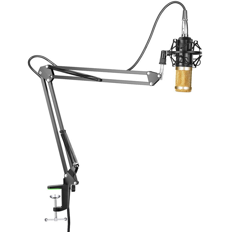 Condenser microphone set with black body and gold grille on boom arm with pop filter and cable