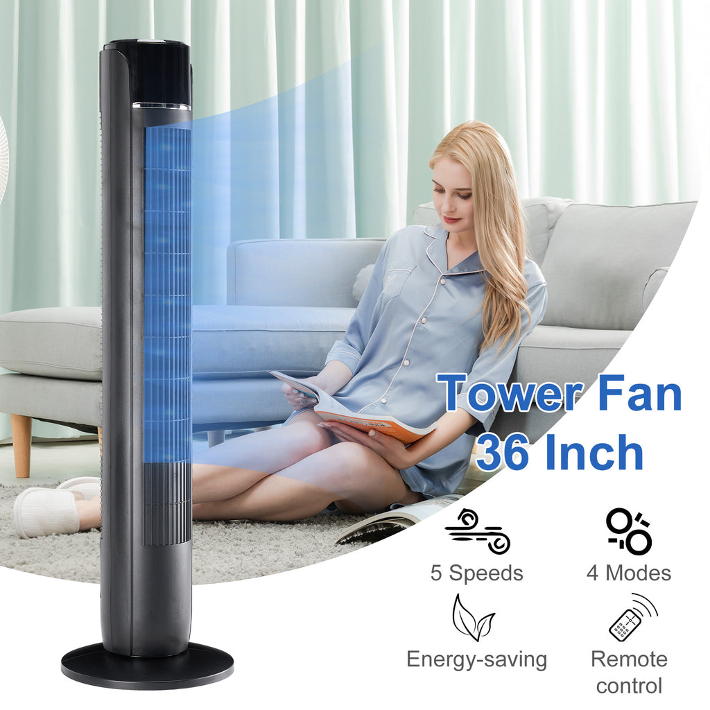 Standing cooling tower fan with vertical grille, black top, and round base