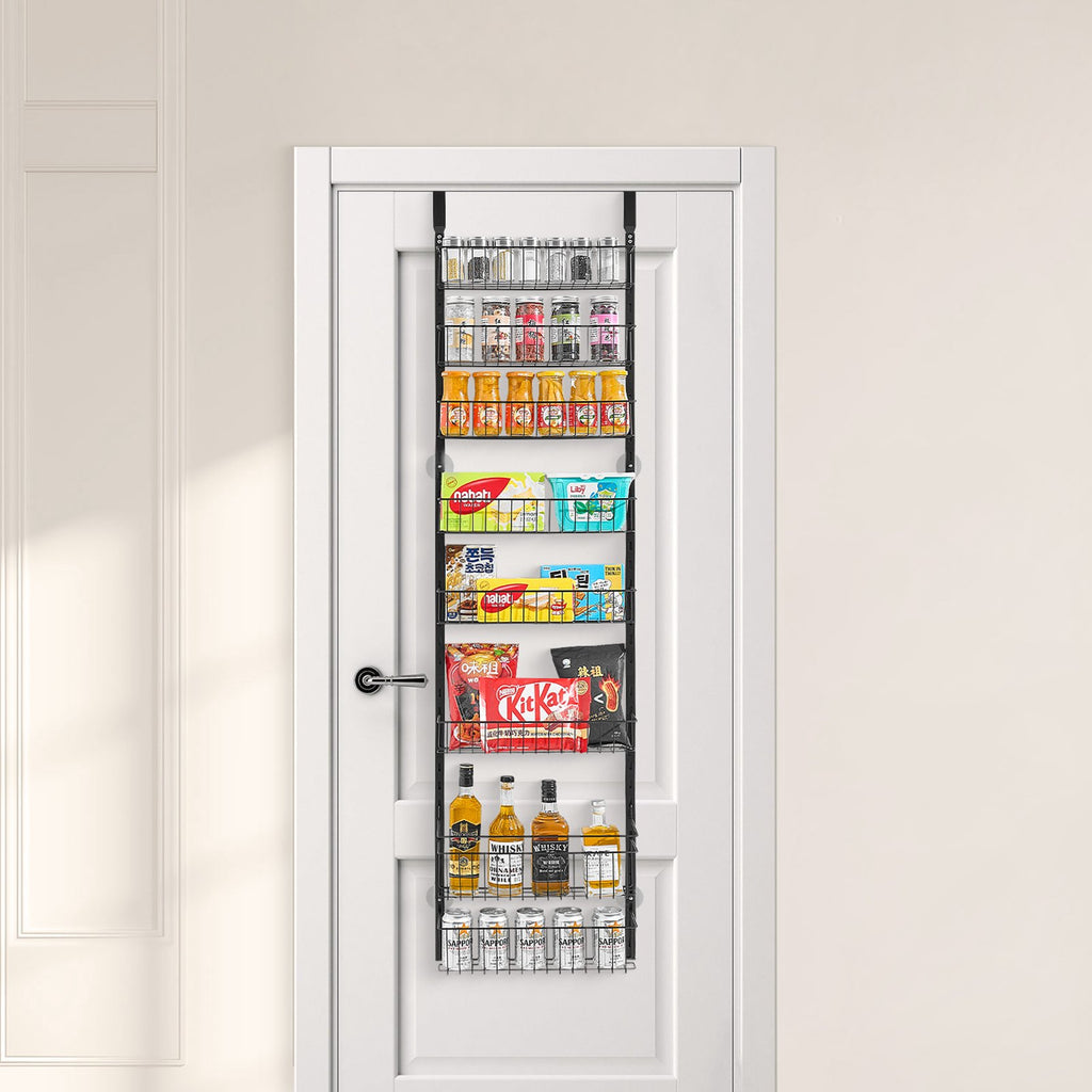 Black over-the-door pantry organizer rack with 8 wire shelves, stocked with goods