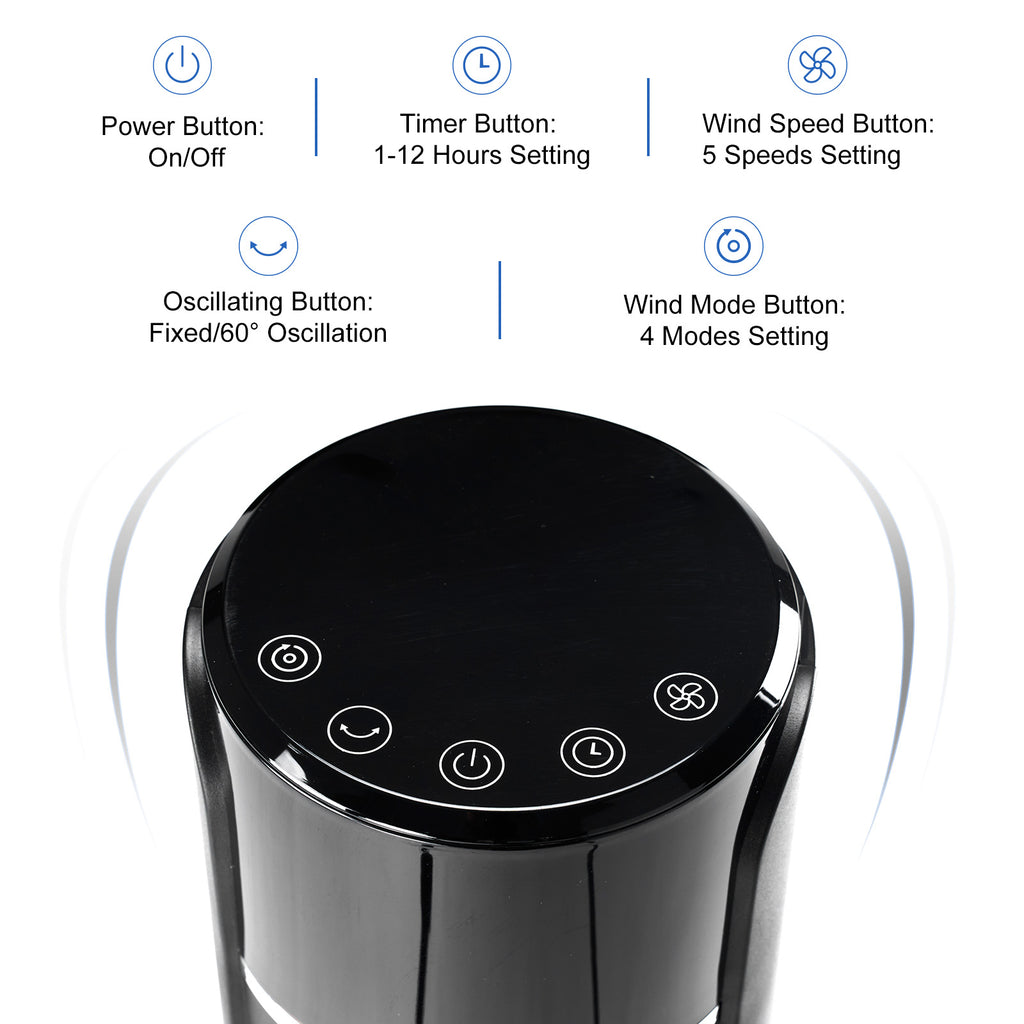 Tower fan control panel on top with labeled buttons and circular power controls