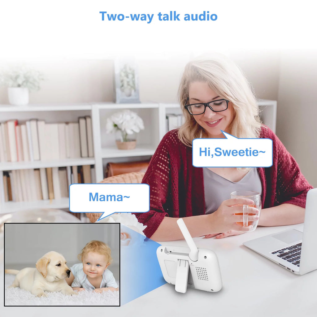 HelloBaby baby video monitor handheld screen with white housing and built-in camera base