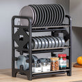 Gray dish drying rack with curved plate rails and lower glassware shelf