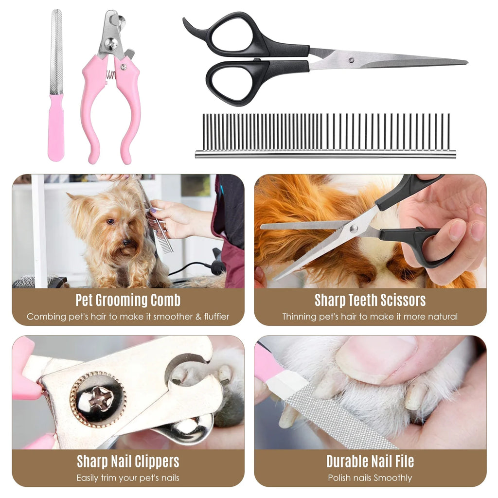 Pet grooming clipper kit with pink handled scissors, comb, and grooming shears