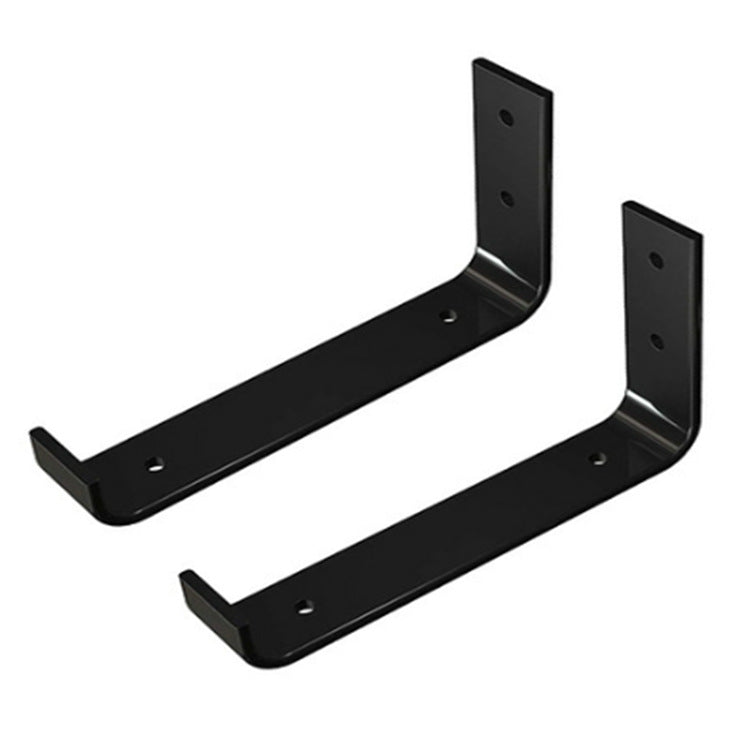 Pair of black iron wall shelf support brackets with curved base and bolt holes