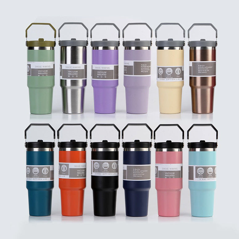 Insulated stainless steel travel tumbler set with lids and handles, multiple colors