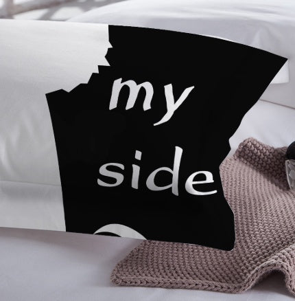 Black pillowcase from 3-piece set with 'my side' text and curved dog graphic