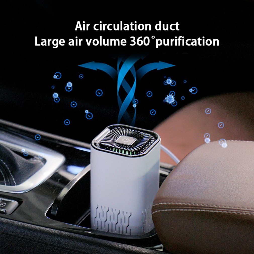 White portable air purifier with top fan grille and vented base, in a car interior.