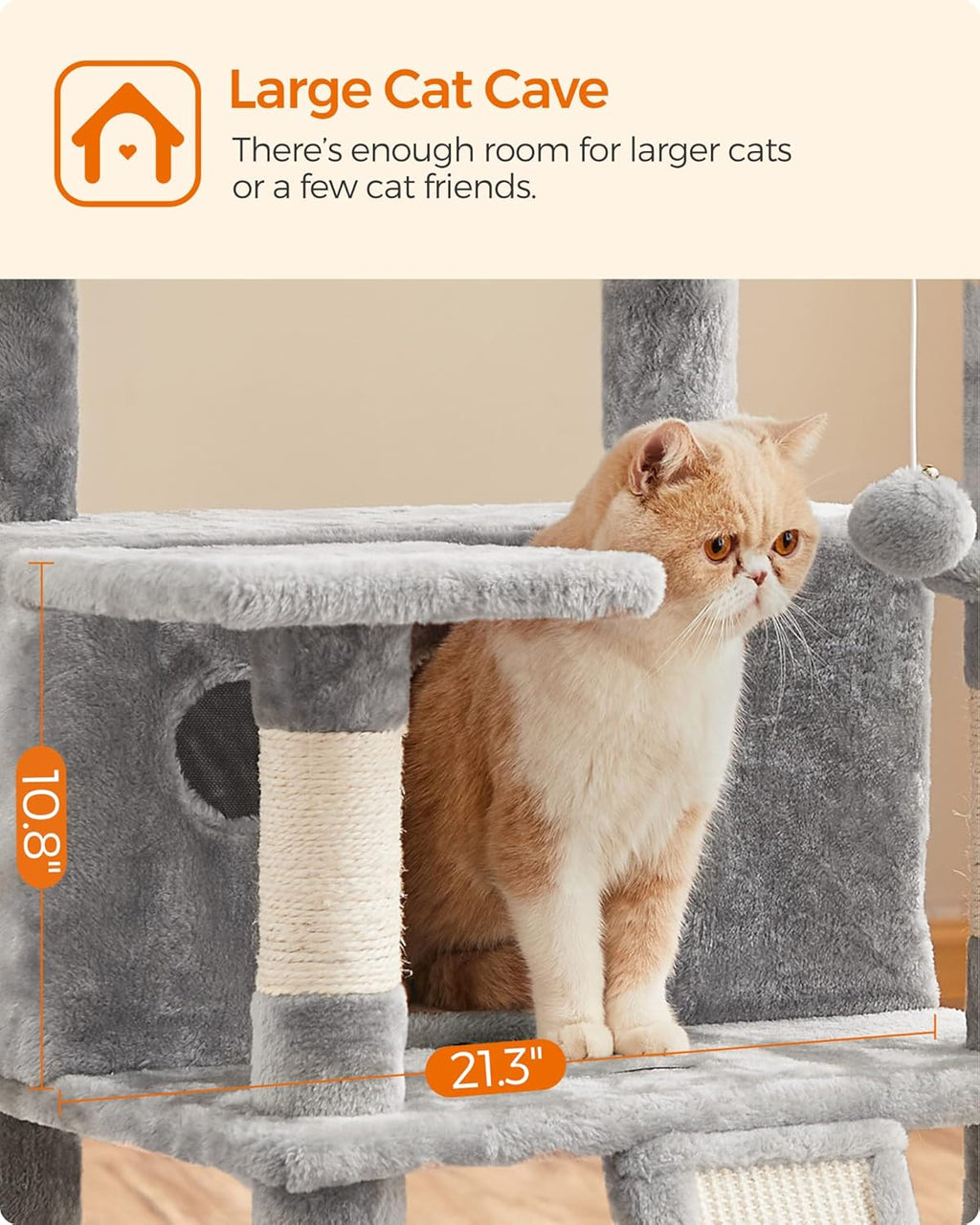 Light gray cat cave tower with plush tunnel openings and an elevated platform