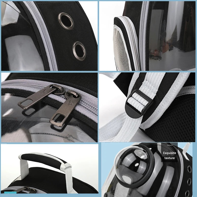Pet backpack carrier details: eyelets, mesh panels, straps, and clear dome window