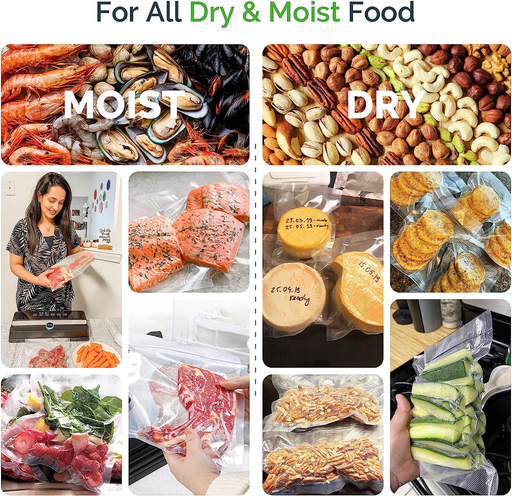 Vacuum-sealed food bags showing moist and dry foods in a grid