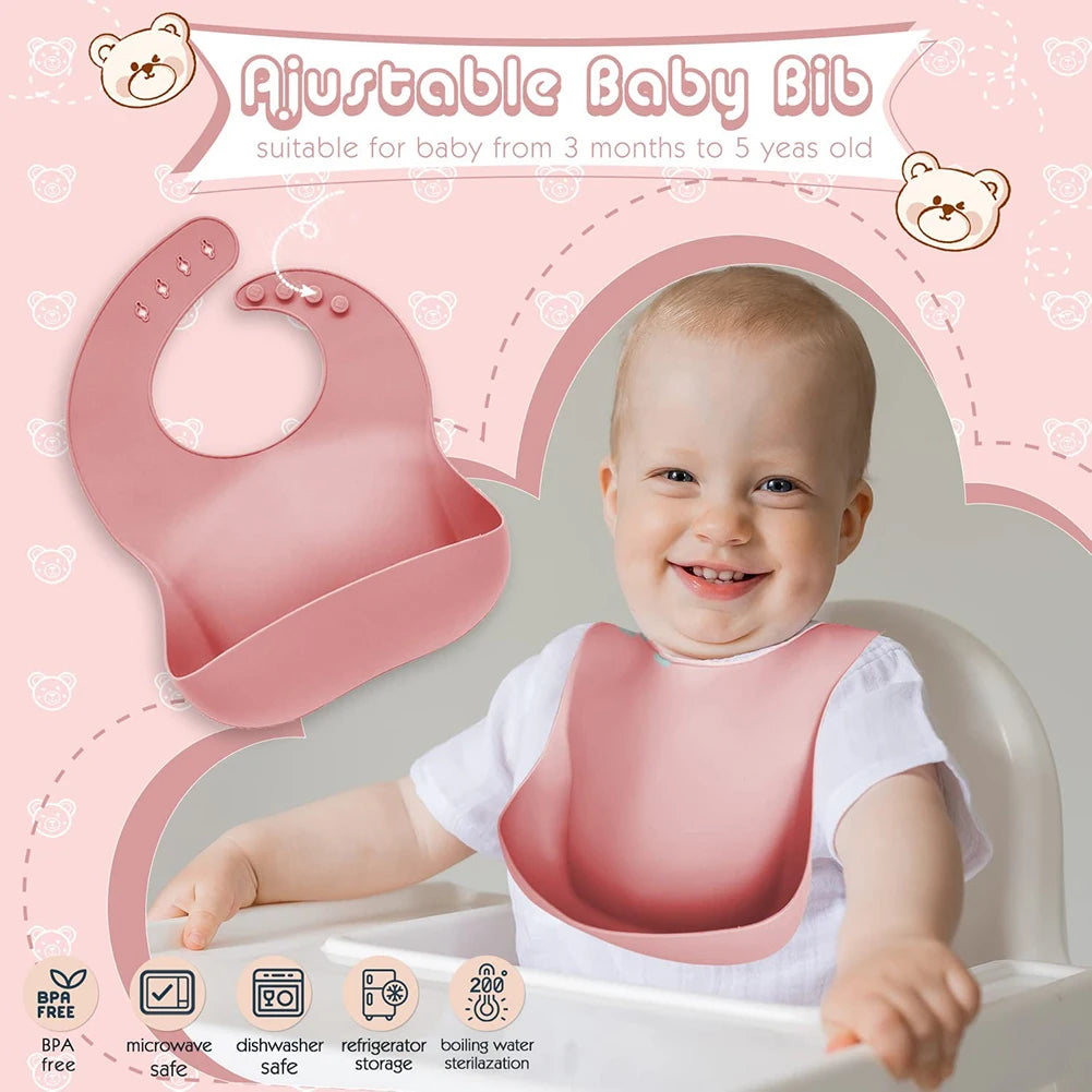 Baby silicone bib and feeding set in dark pink with suction bowl, spoon, fork