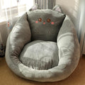 Round character floor cushion seat pad in gray with cute cat face and embroidered eyes.