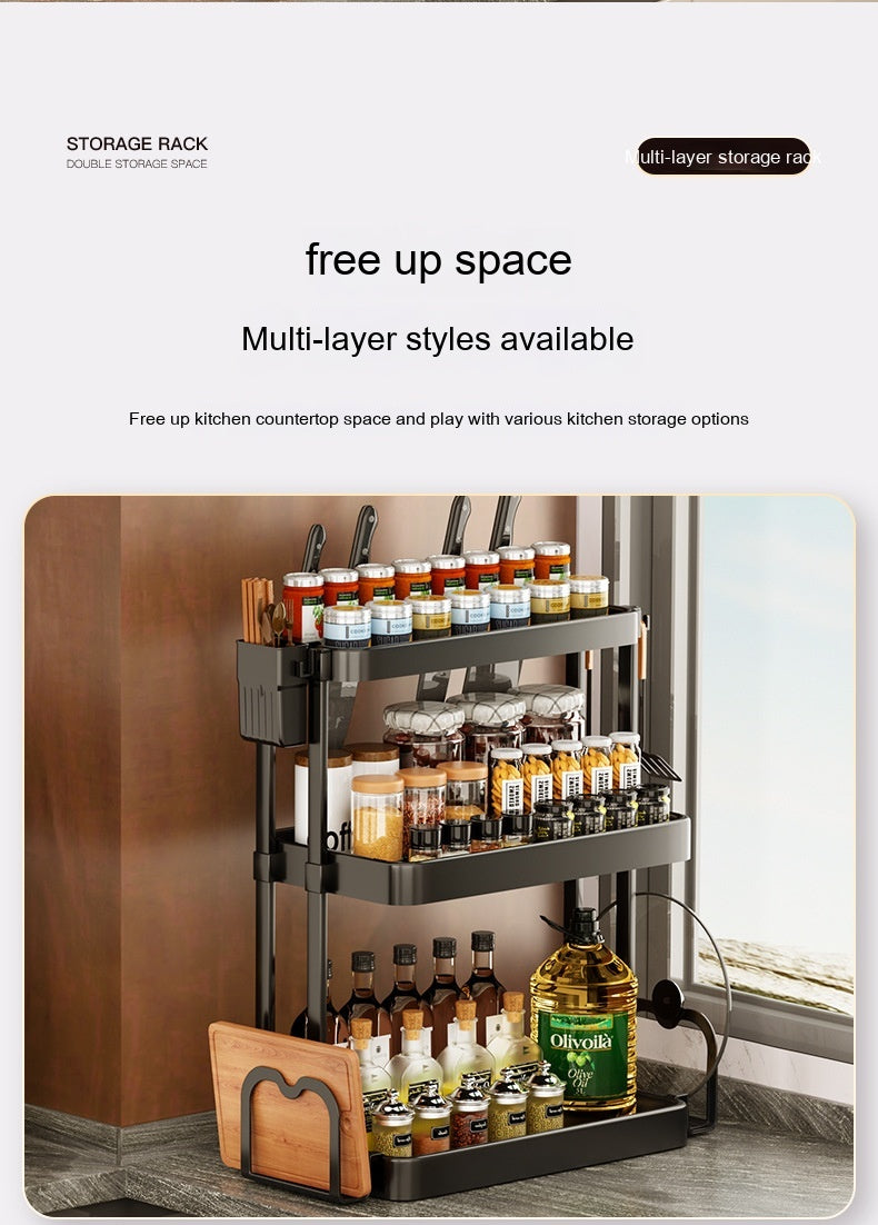 Black multi-layer kitchen storage rack with three open shelves and side utensil holders
