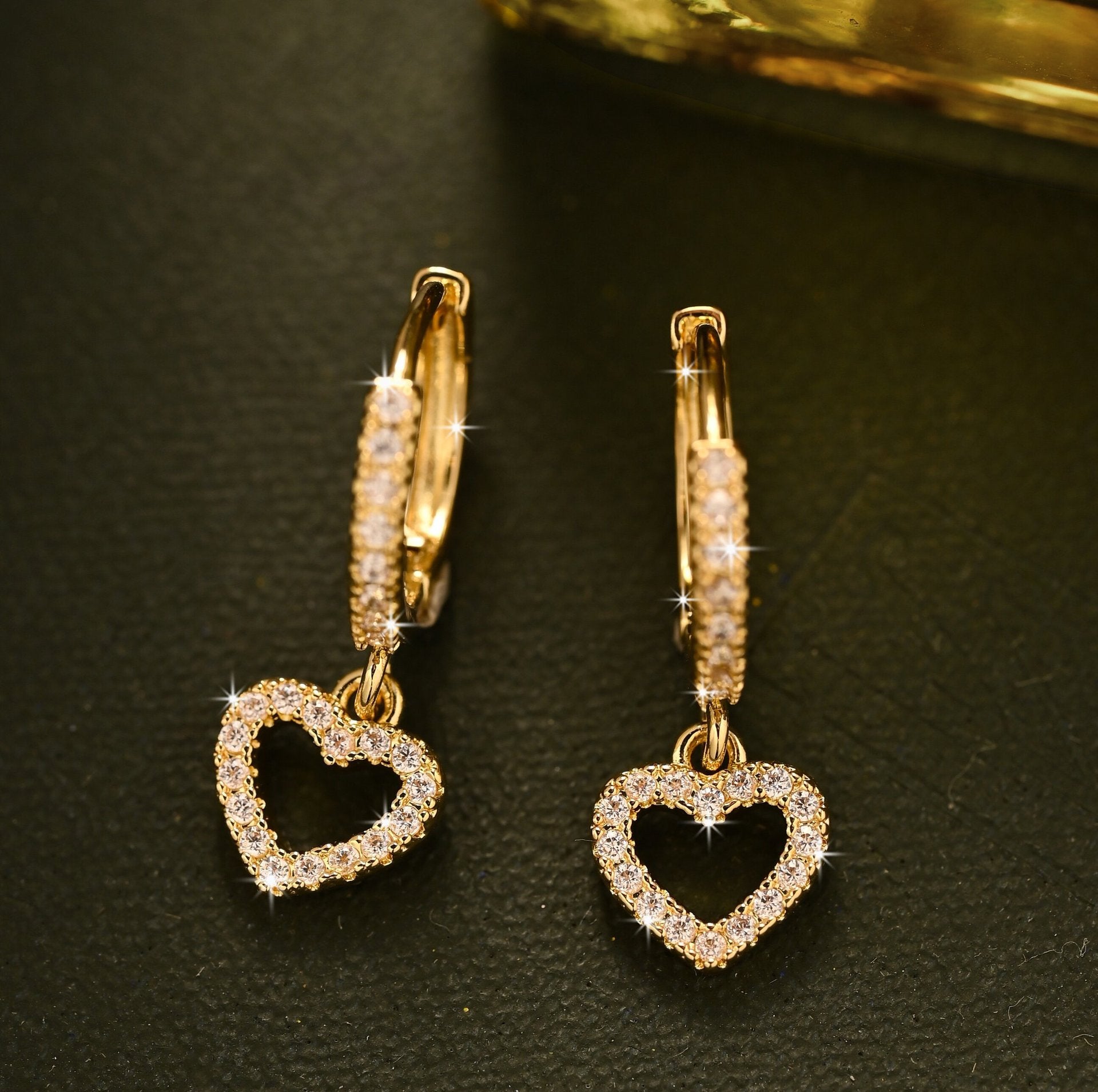Retro Heart Pendant Earrings — Zircon Drop, Korean Style, Gold & Silver