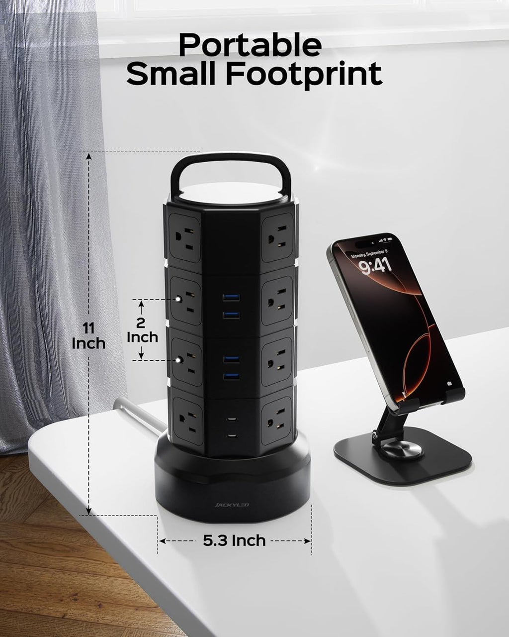 Black power strip tower with compact footprint, showing height and width dimensions