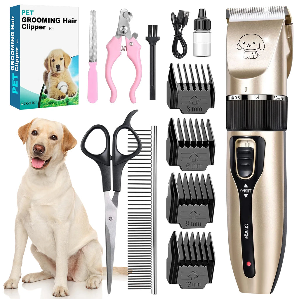 Cordless pet grooming clipper kit with gold clipper, combs, shears, and nail tools