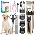 Cordless pet grooming clipper kit with gold clipper, combs, shears, and nail tools