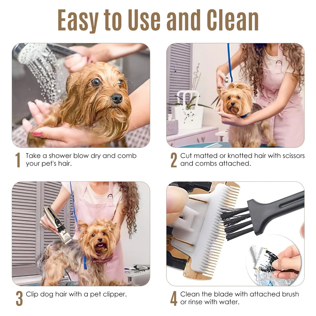 Pet grooming clipper kit steps with dog coat combing, clipping, and blade cleaning