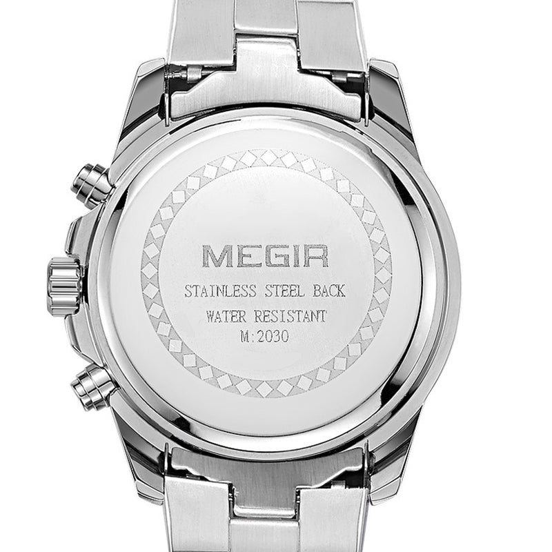 Stainless steel caseback with MEGIR marking and water resistant text, metal strap