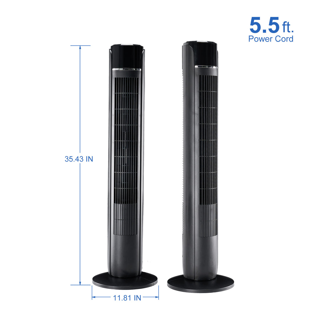 Pair of standing tower fans shown with height and width dimensions, dark gray bodies
