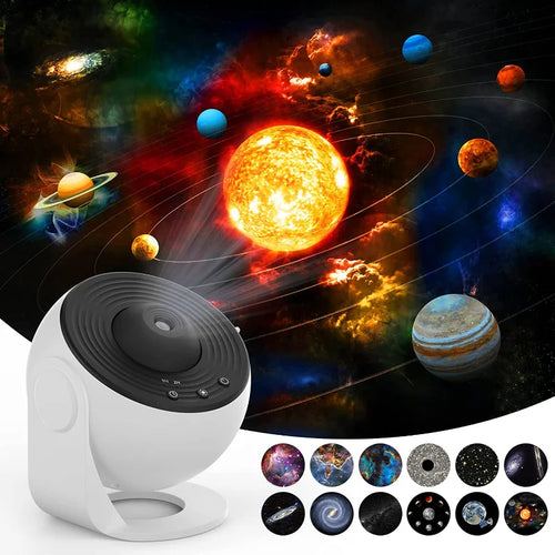 Galaxy projector night light with white body and black rotating top, showing starry patterns.