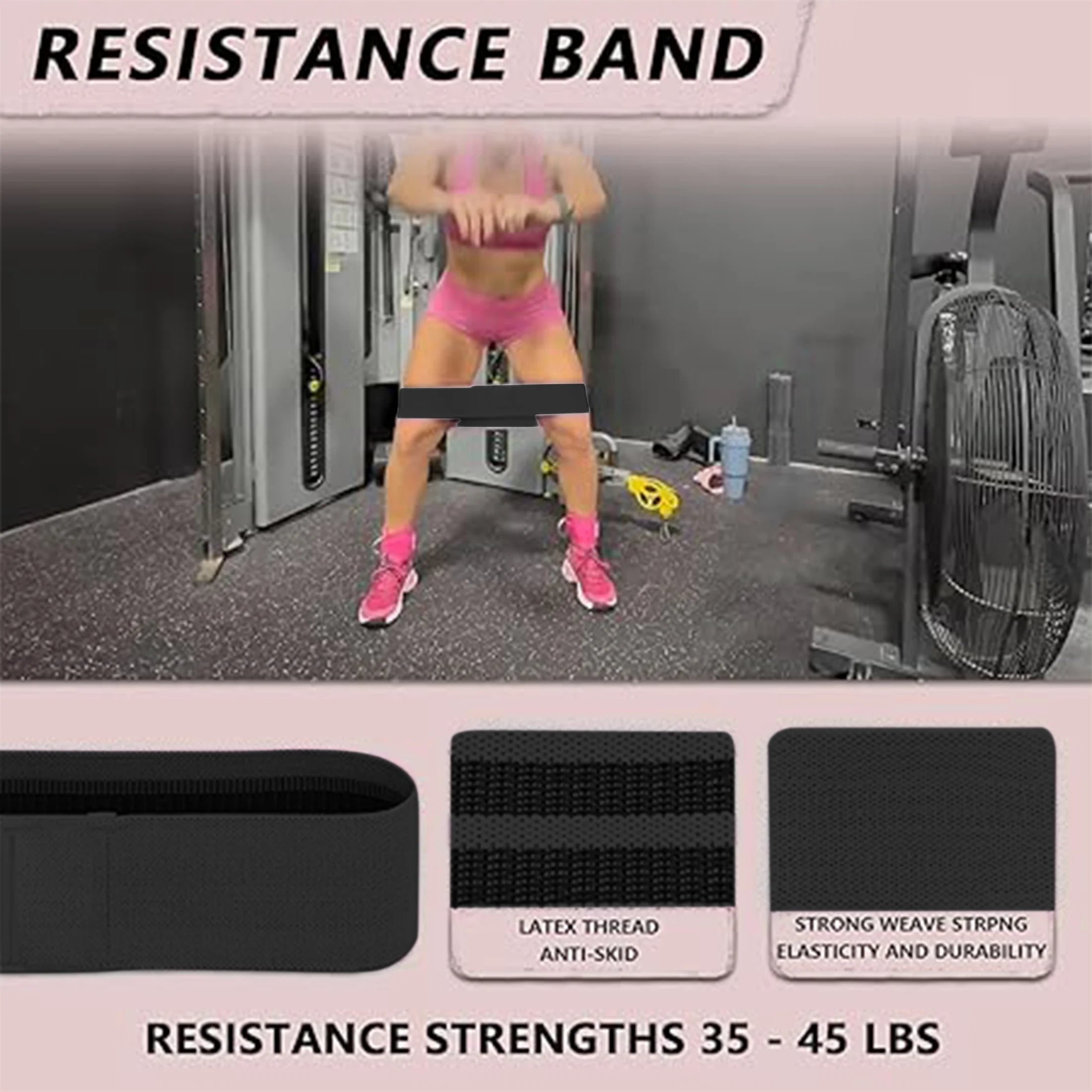 Hip resistance band set in black fabric with adjustable ankle straps