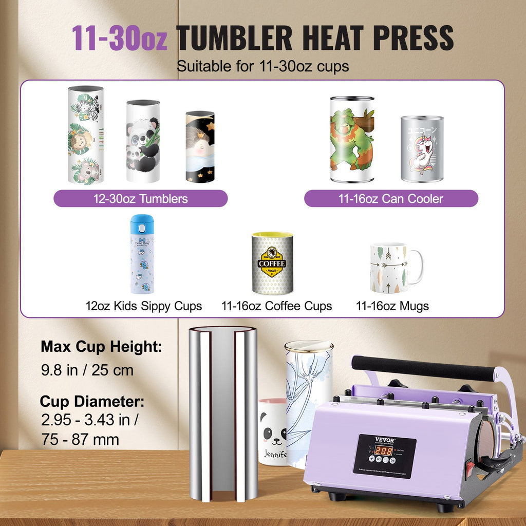 Purple tumbler heat press machine with sample cups and compatibility icons