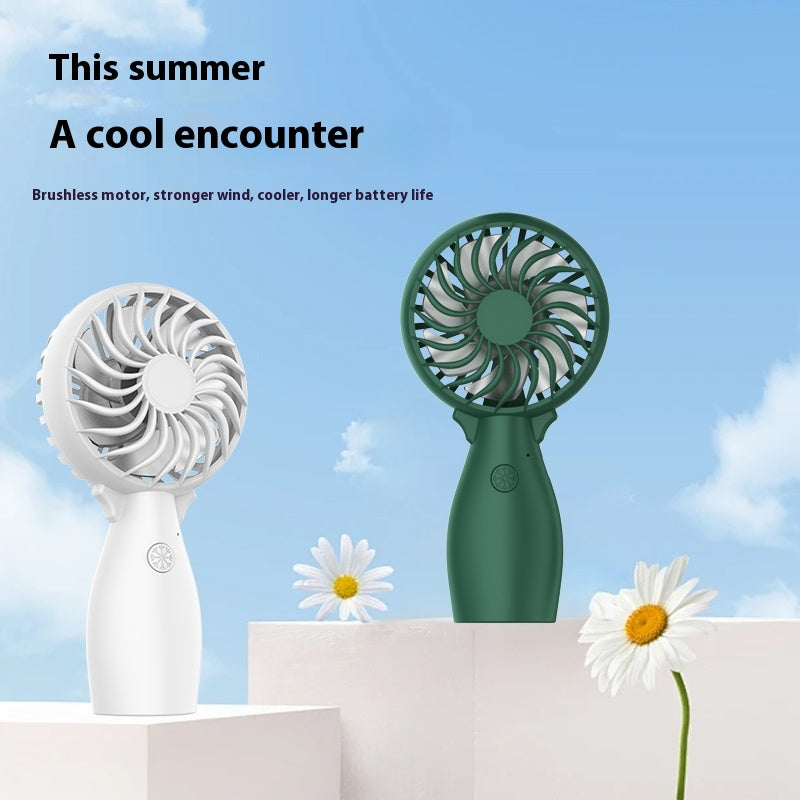 Pair of portable mini fans in white and green, each with circular grille and short handle.