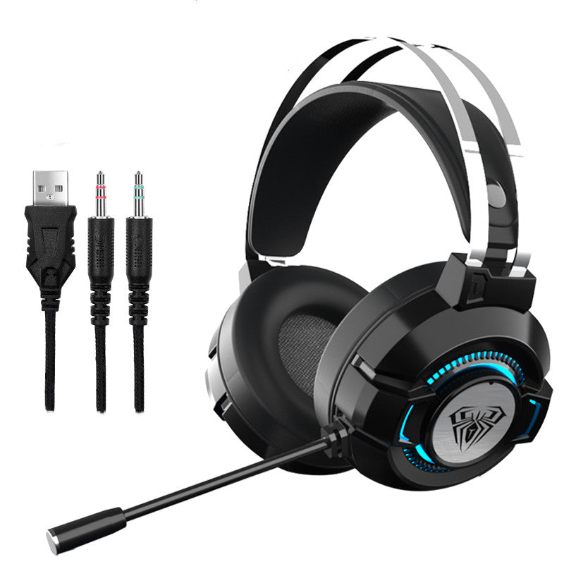 Black gaming headset with blue RGB earcup rings and boom microphone, with cables