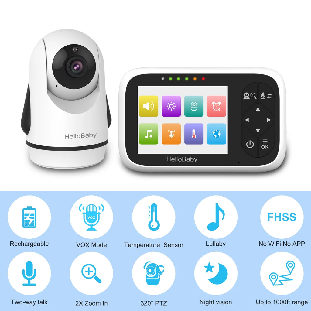 HelloBaby baby video monitor camera unit and handheld display, white housing with black lens