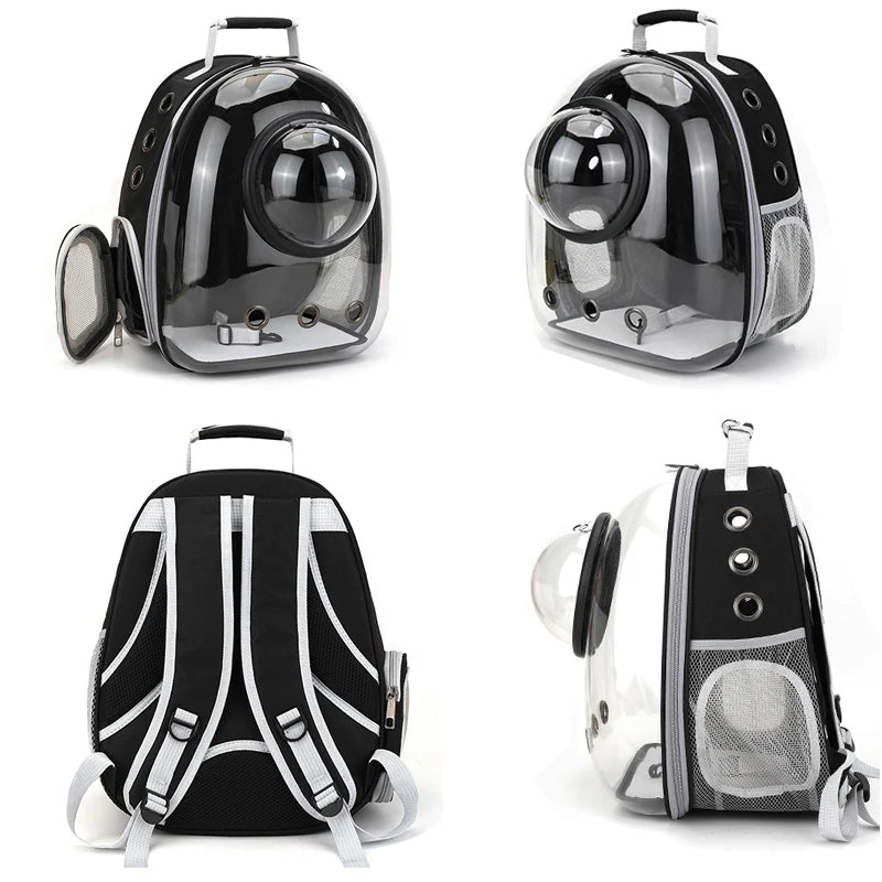 Black pet backpack carrier with clear bubble front window, side mesh pockets, straps