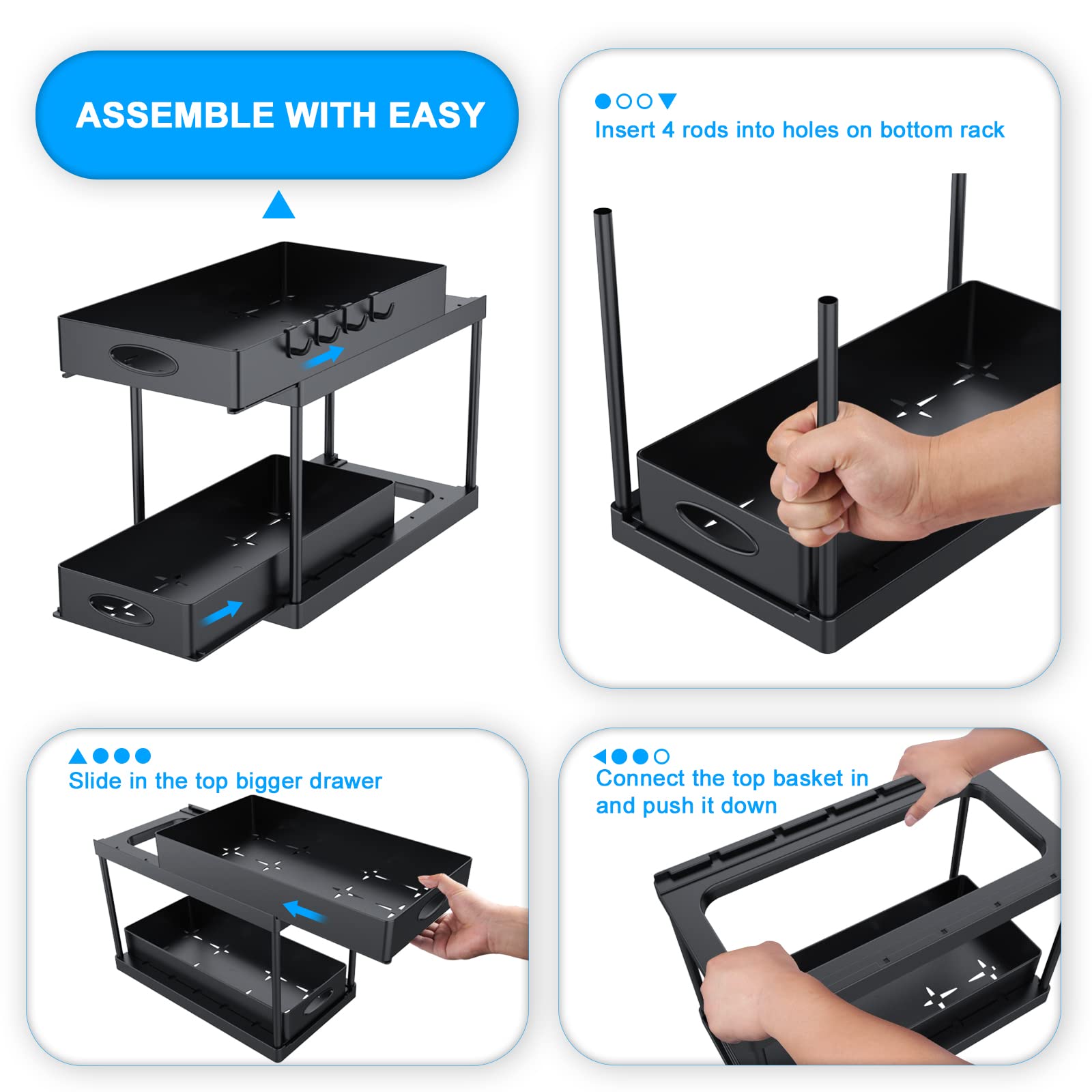 Black dual sliding under-sink organizer assembly diagram showing frame and rods
