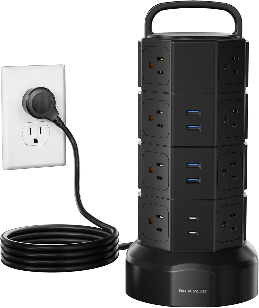 Black power strip tower with multiple AC outlets and six USB ports, round base and handle