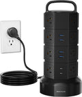 Black power strip tower with multiple AC outlets and six USB ports, round base and handle