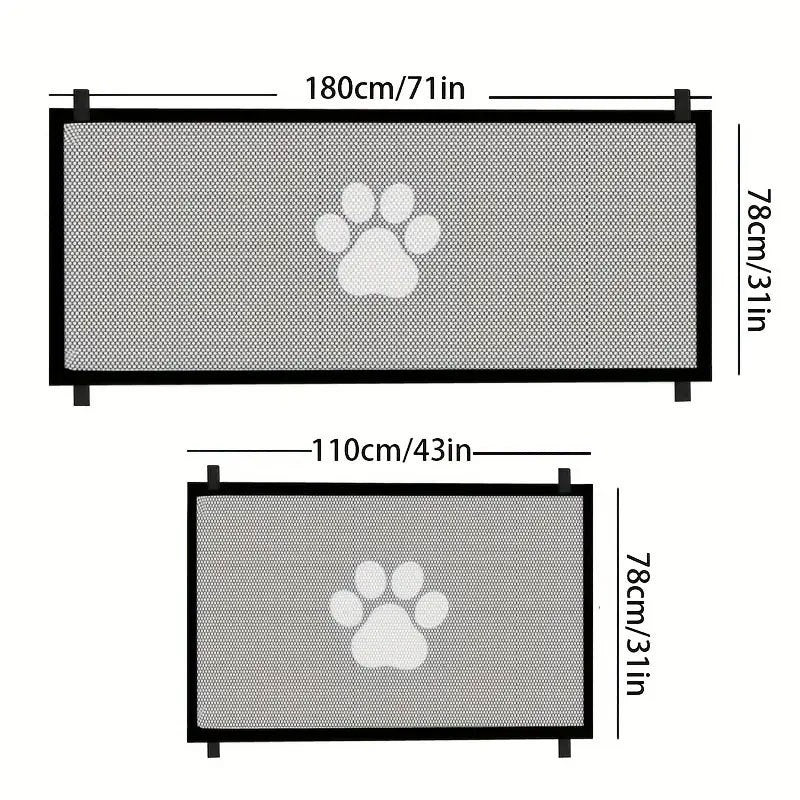 Gray mesh pet playpen gate with paw logo; black frame, 180cm and 110cm sizes