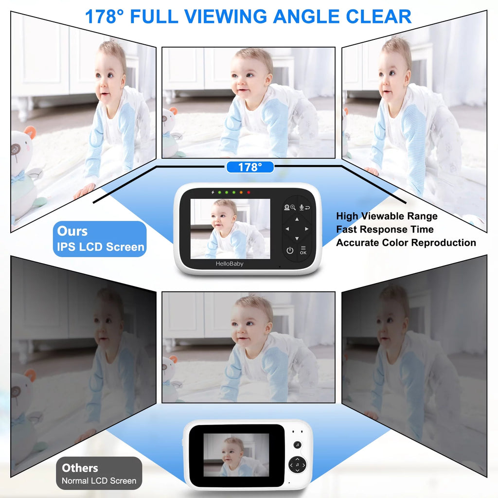 HelloBaby baby video monitor handheld LCD screen with white body and control buttons