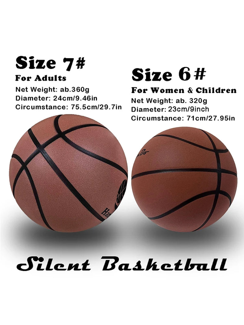 Silent indoor foam basketball set, two brown balls with black panel lines (sizes 6 and 7).