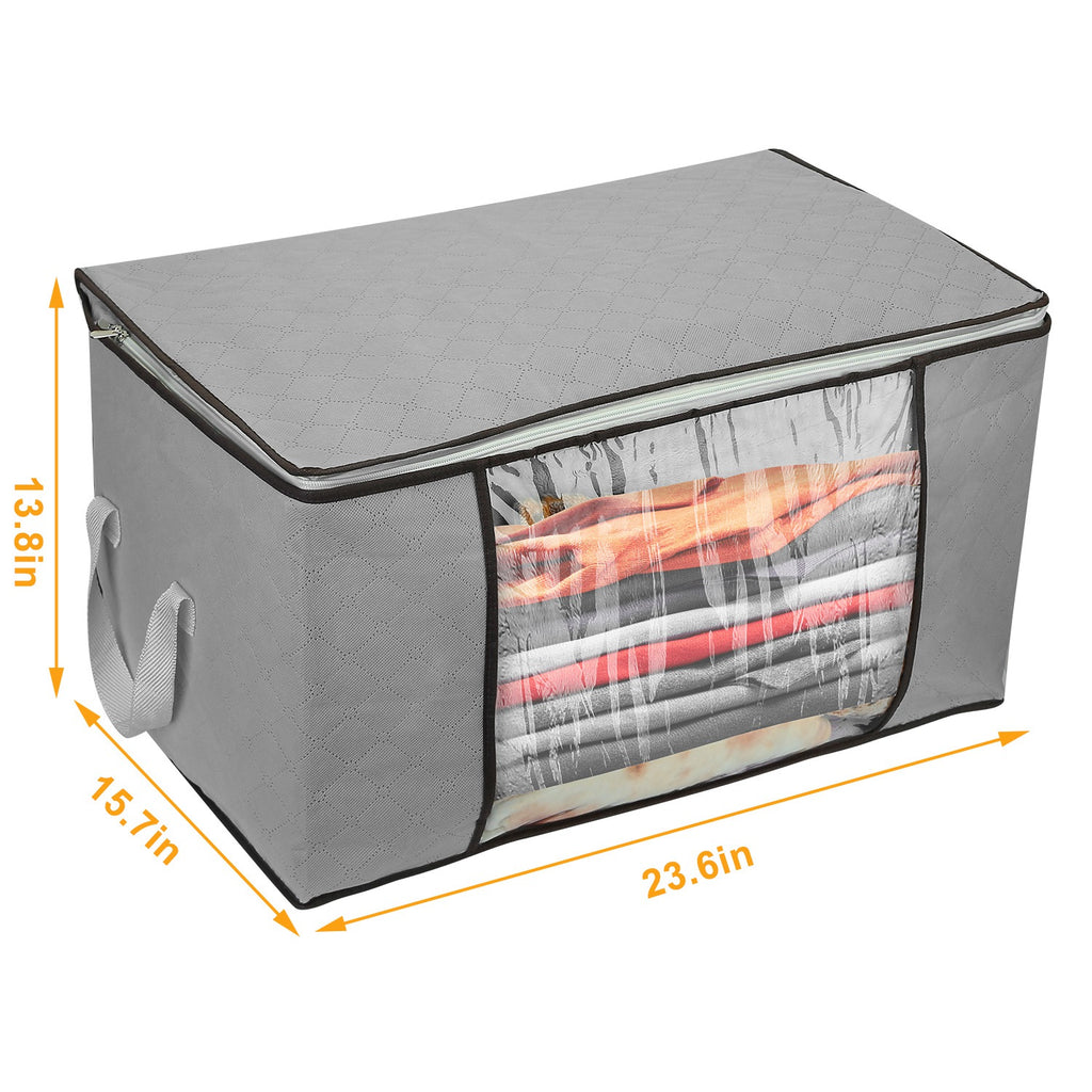 Grey set of 2 fabric storage bags with clear front window and double zipper, size indicated